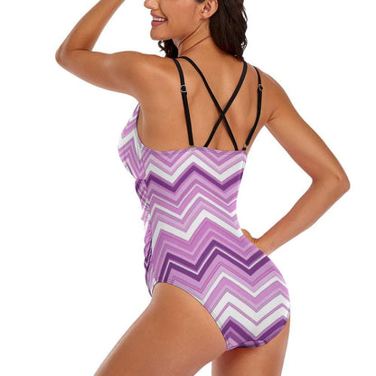 luckeladybug purple zig zag swimsuit one-piece with crisscross black straps on back