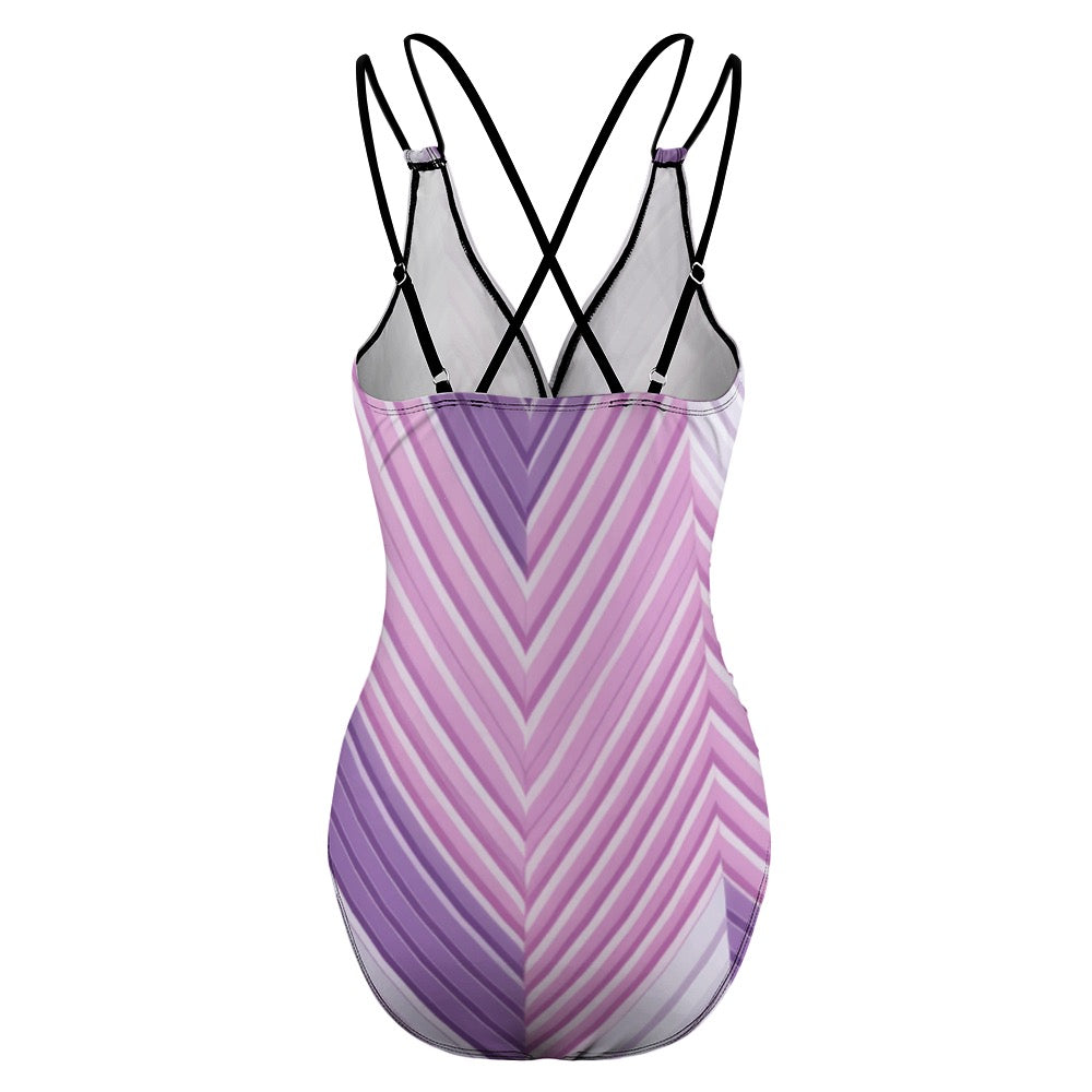 Luckeladybug purple zig zag swimsuit one-piece with crisscross adjustable black straps back view