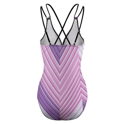 Luckeladybug purple zig zag swimsuit one-piece with crisscross adjustable black straps back view