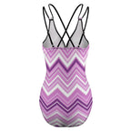 Luckeladybug purple zig zag swimsuit one-piece with adjustable black crisscross straps