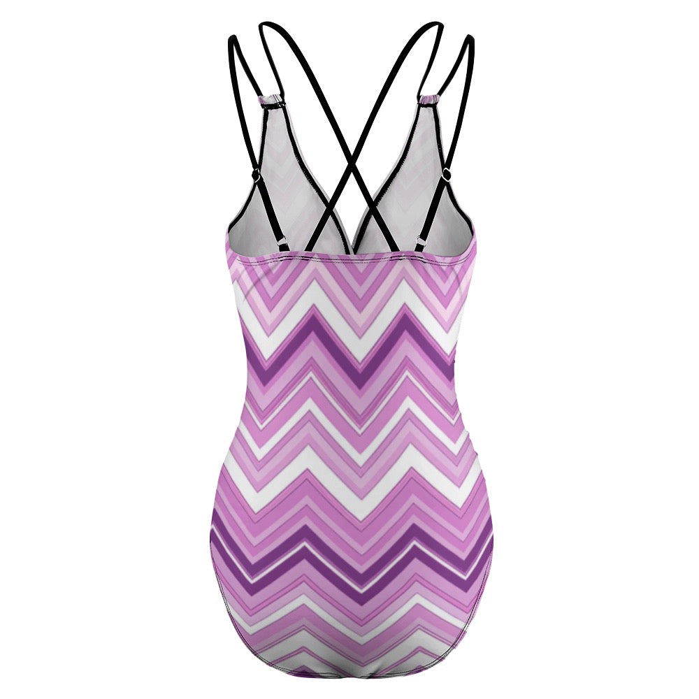Luckeladybug purple zig zag swimsuit one-piece with adjustable black crisscross straps