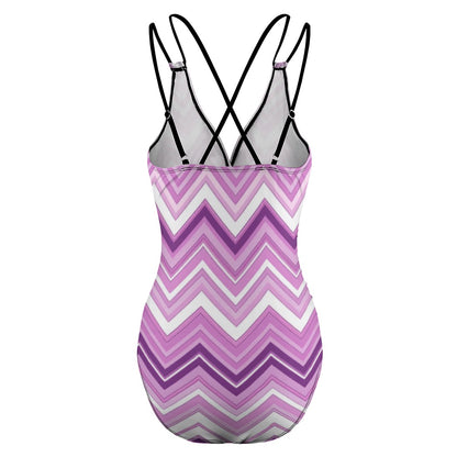Luckeladybug purple zig zag swimsuit one-piece with adjustable black crisscross straps
