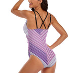luckeladybug purple zig zag swimsuit one-piece with adjustable black straps and chevron pattern