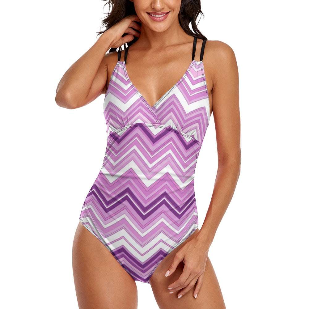 Luckeladybug purple zig zag swimsuit one-piece with V-neck and double black straps