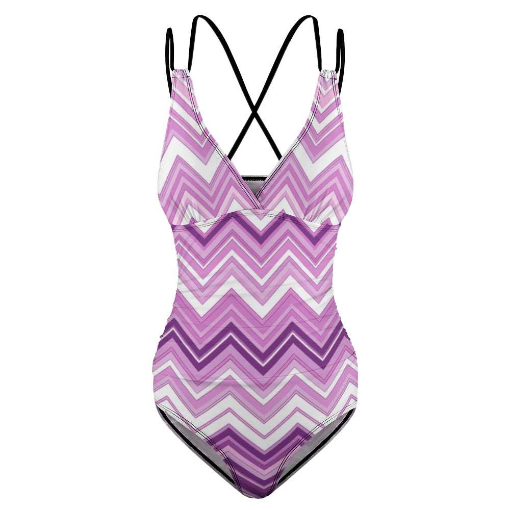 Luckeladybug purple zig zag swimsuit one-piece with crisscross back straps