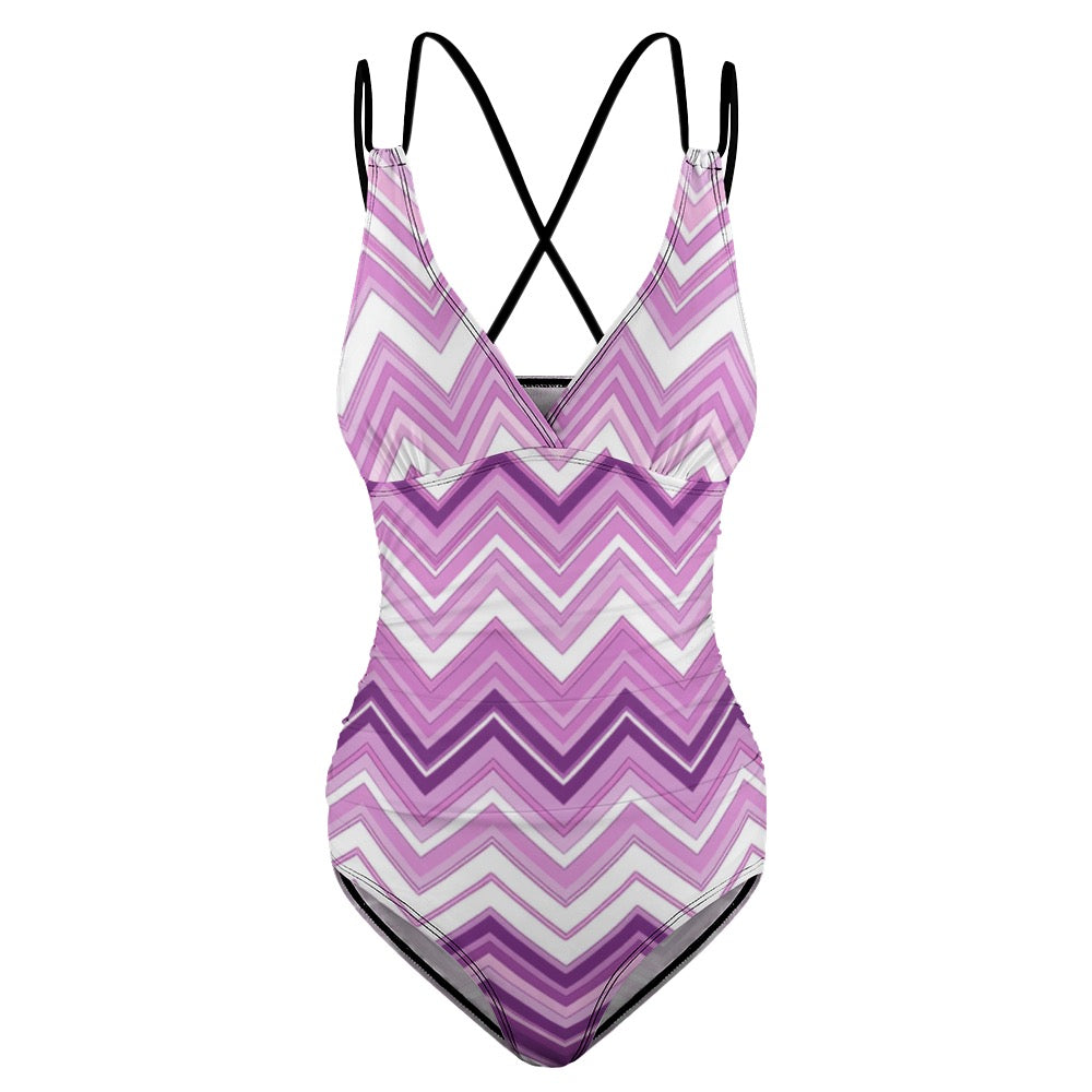 Luckeladybug purple zig zag swimsuit one-piece with crisscross back straps