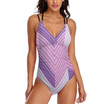 Luckeladybug purple zig zag swimsuit one-piece with double black shoulder straps and V-neck design