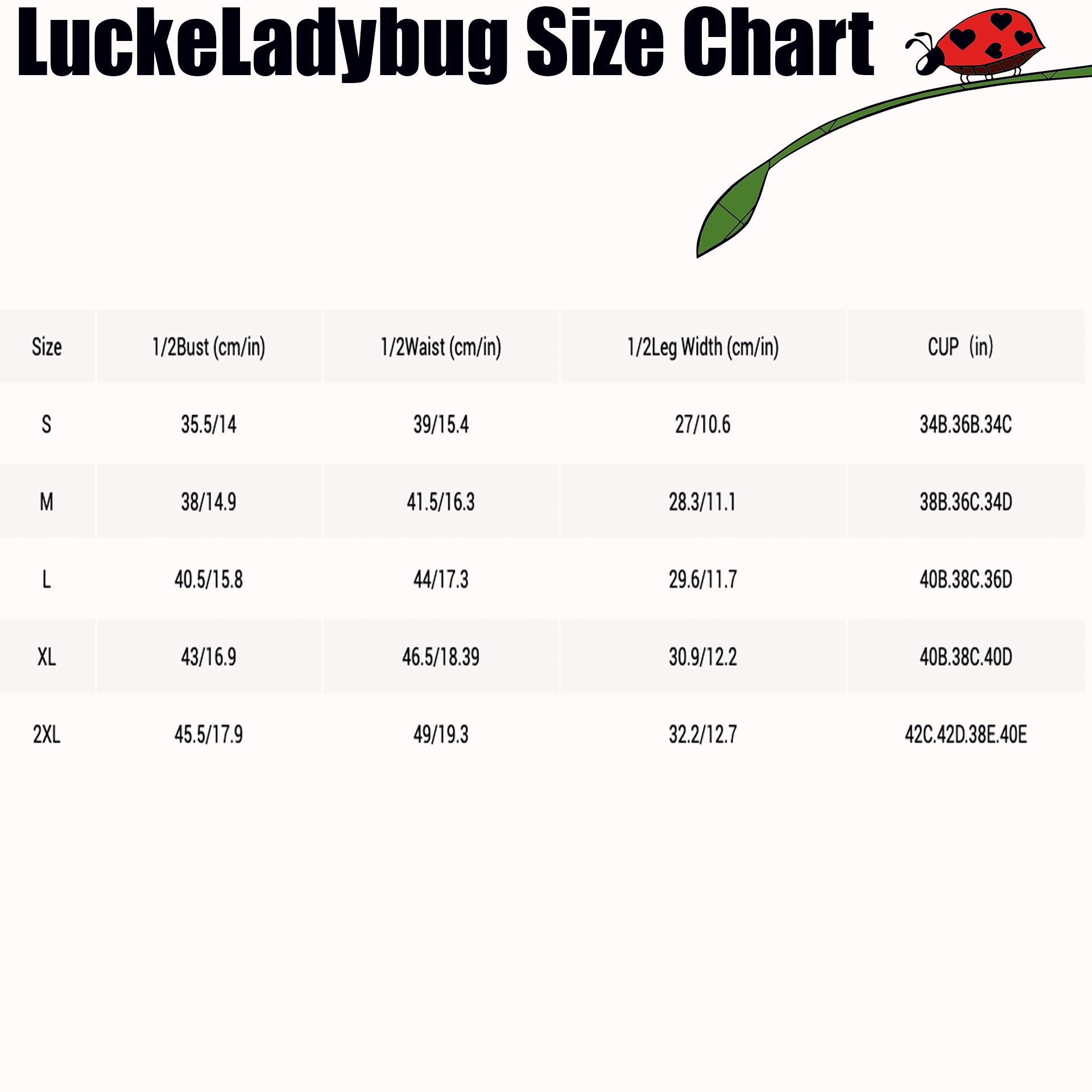 LuckeLadybug size chart for one-pieces showing measurements for bust waist leg width and cup sizes