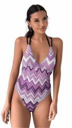 Inkedjoy purple zig zag swimsuit one-piece with thin black straps and V-neck design