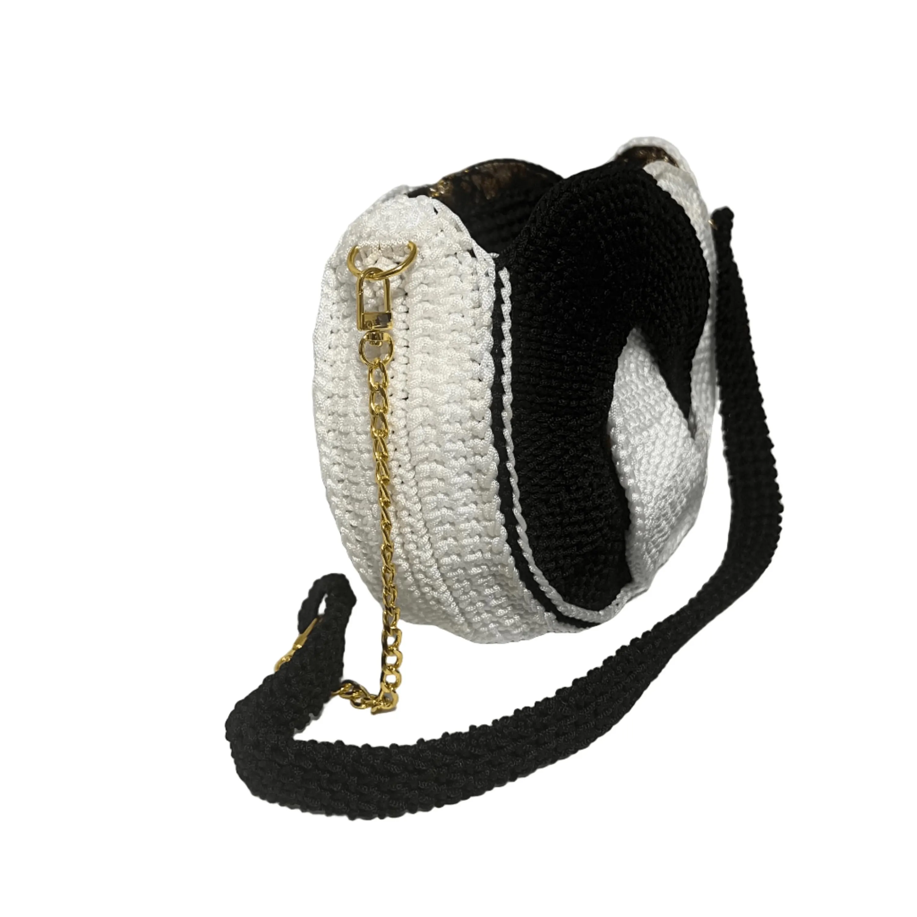 Stylish black and white crochet purse from ThreadsByHannah with a chain strap for easy carrying