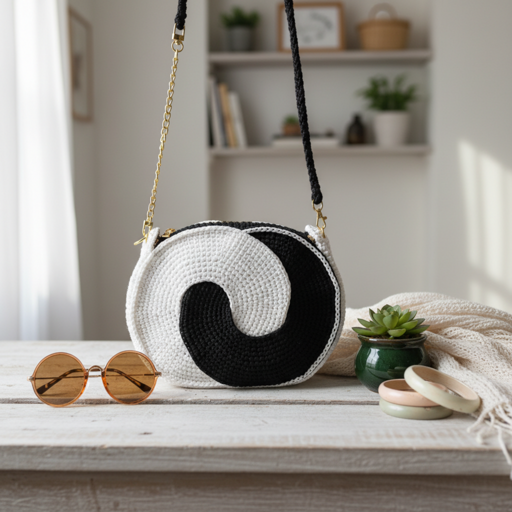 Trendy black and white crochet purse with a unique swirl design, perfect for casual outings