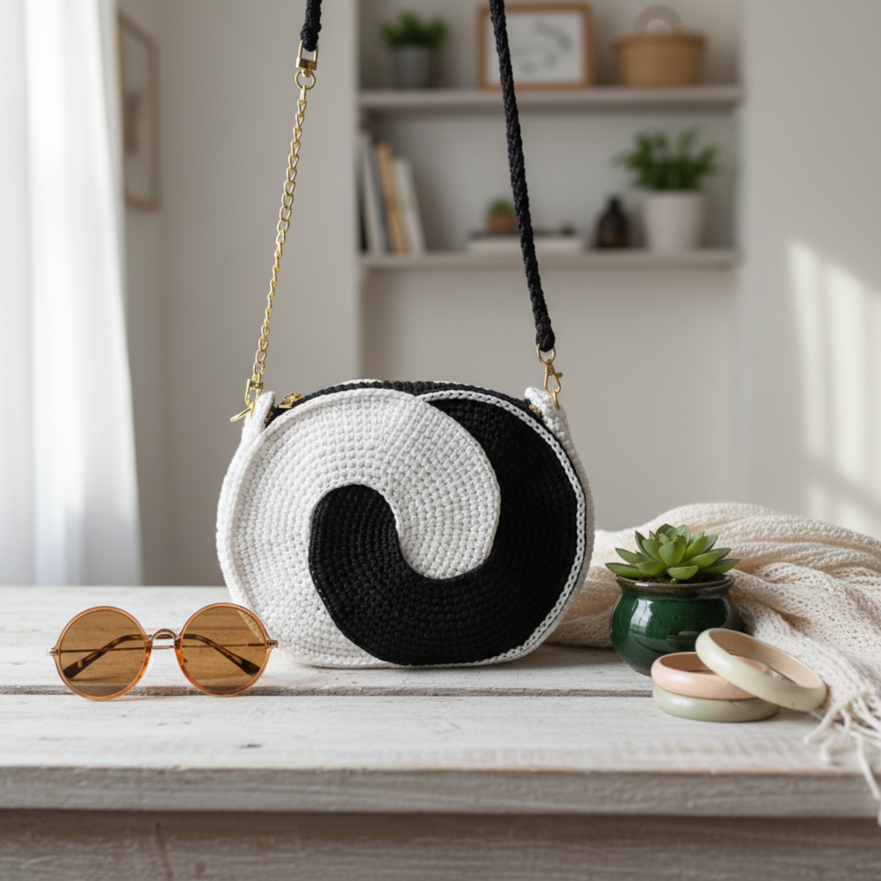 Trendy black and white crochet purse with a unique swirl design, perfect for casual outings