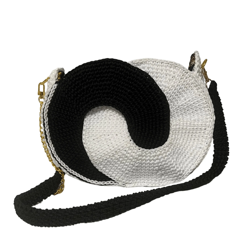 Unique black and white crochet purse with spiral design by ThreadsByHannah for stylish outings