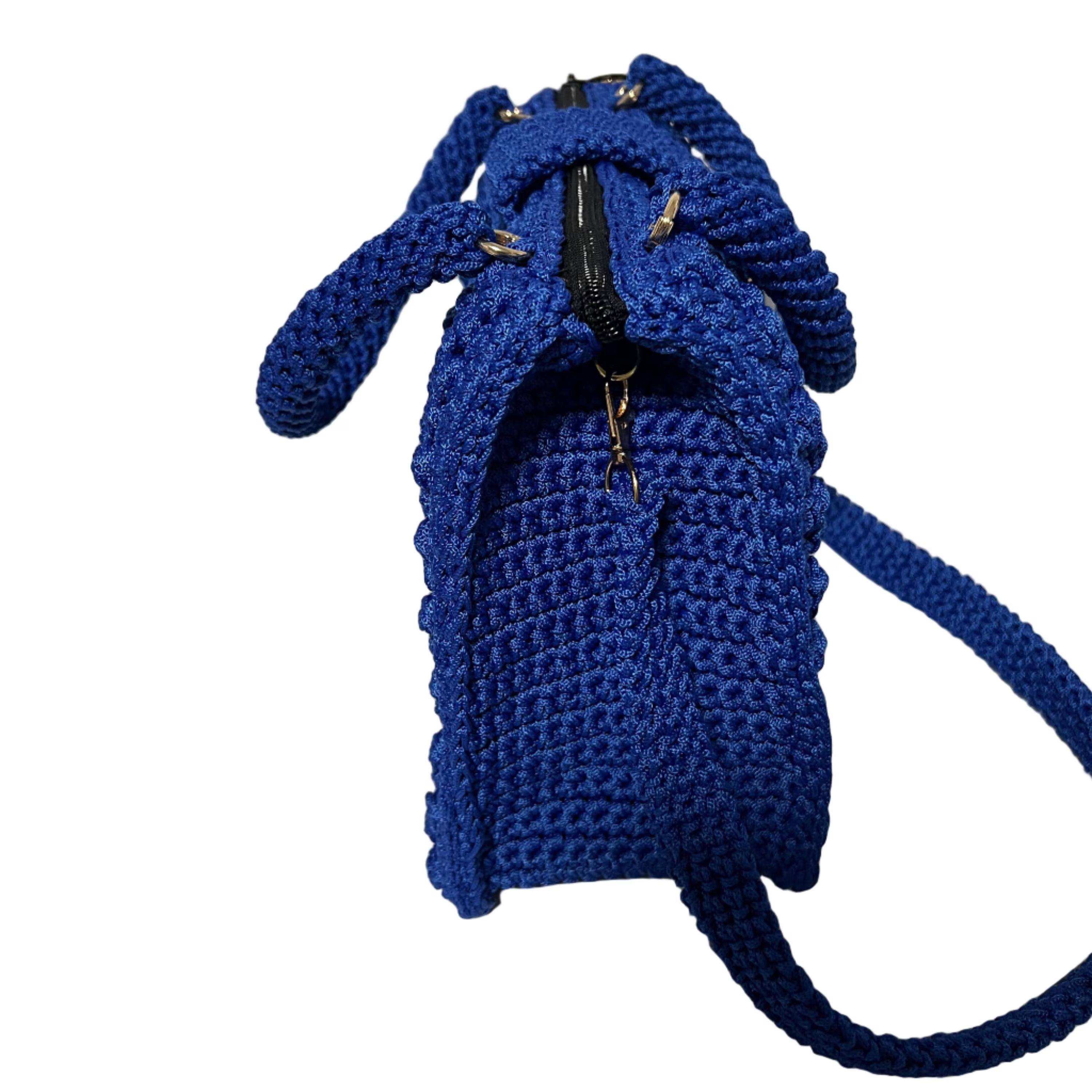 Blue crochet purse with zipper closure and braided shoulder strap for stylish carry