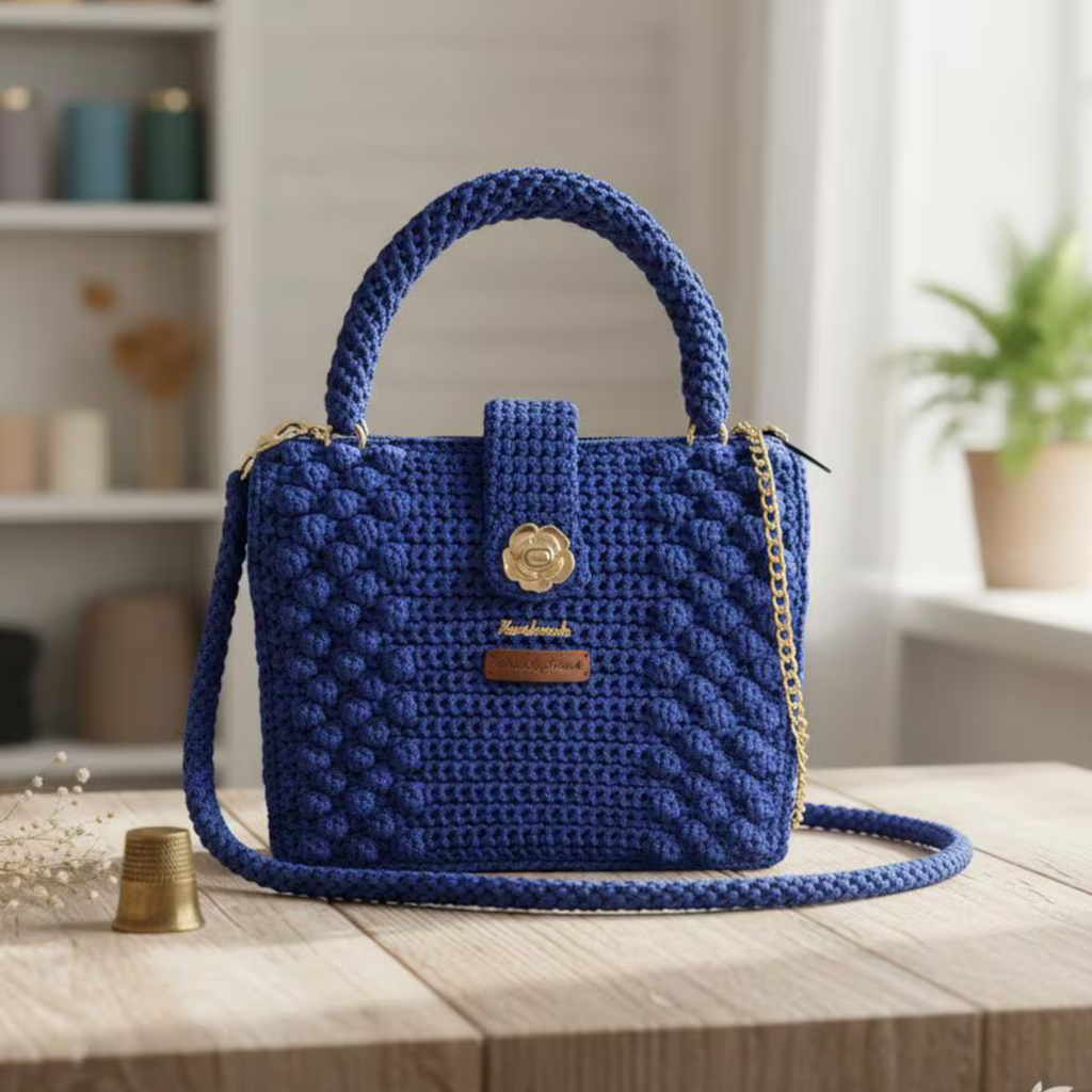Blue crochet purse by ThreadsByHannah with textured design and gold accents