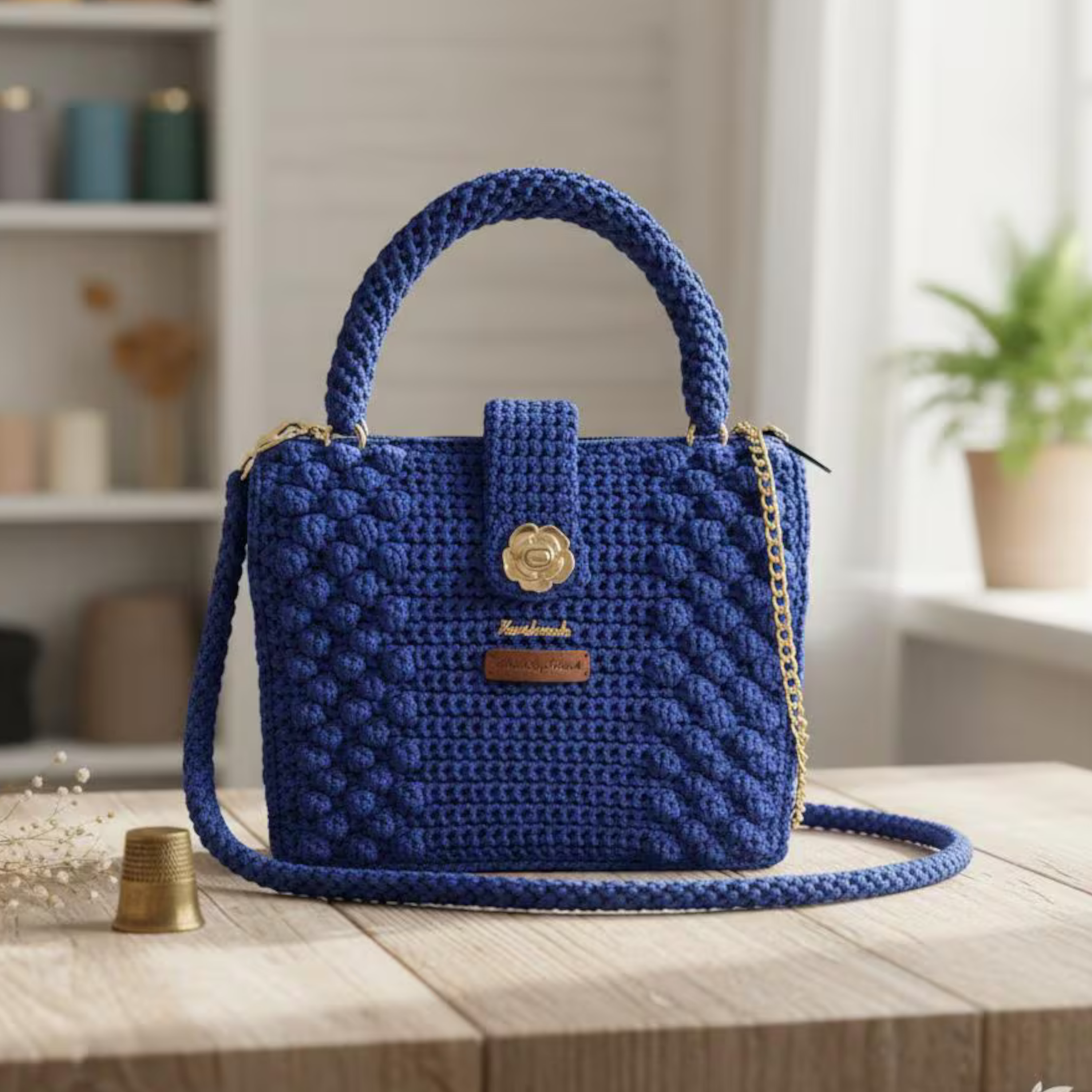 Blue crochet purse by ThreadsByHannah with textured design and gold accents