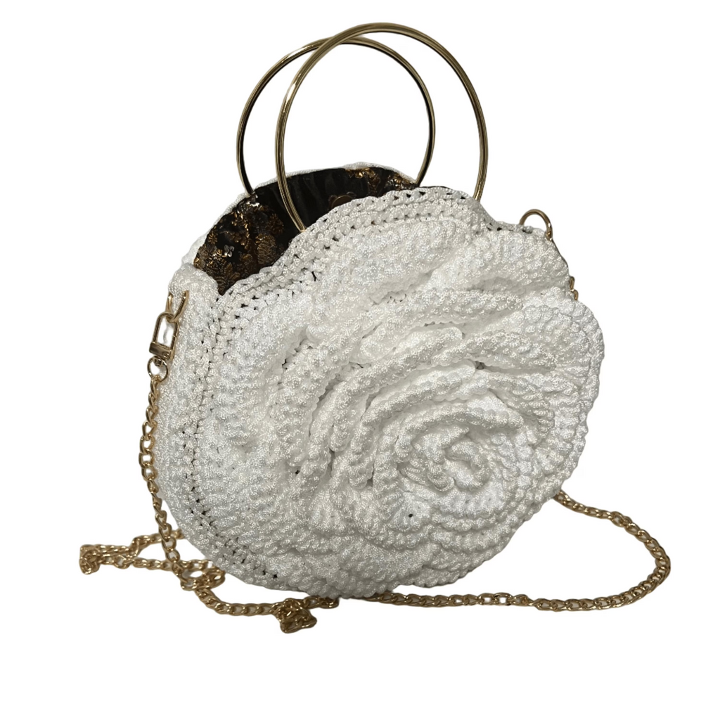 Elegant white purse crochet bag with a rose design and gold chain for stylish outings