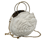 Elegant white purse crochet bag with a rose design and gold chain for stylish outings