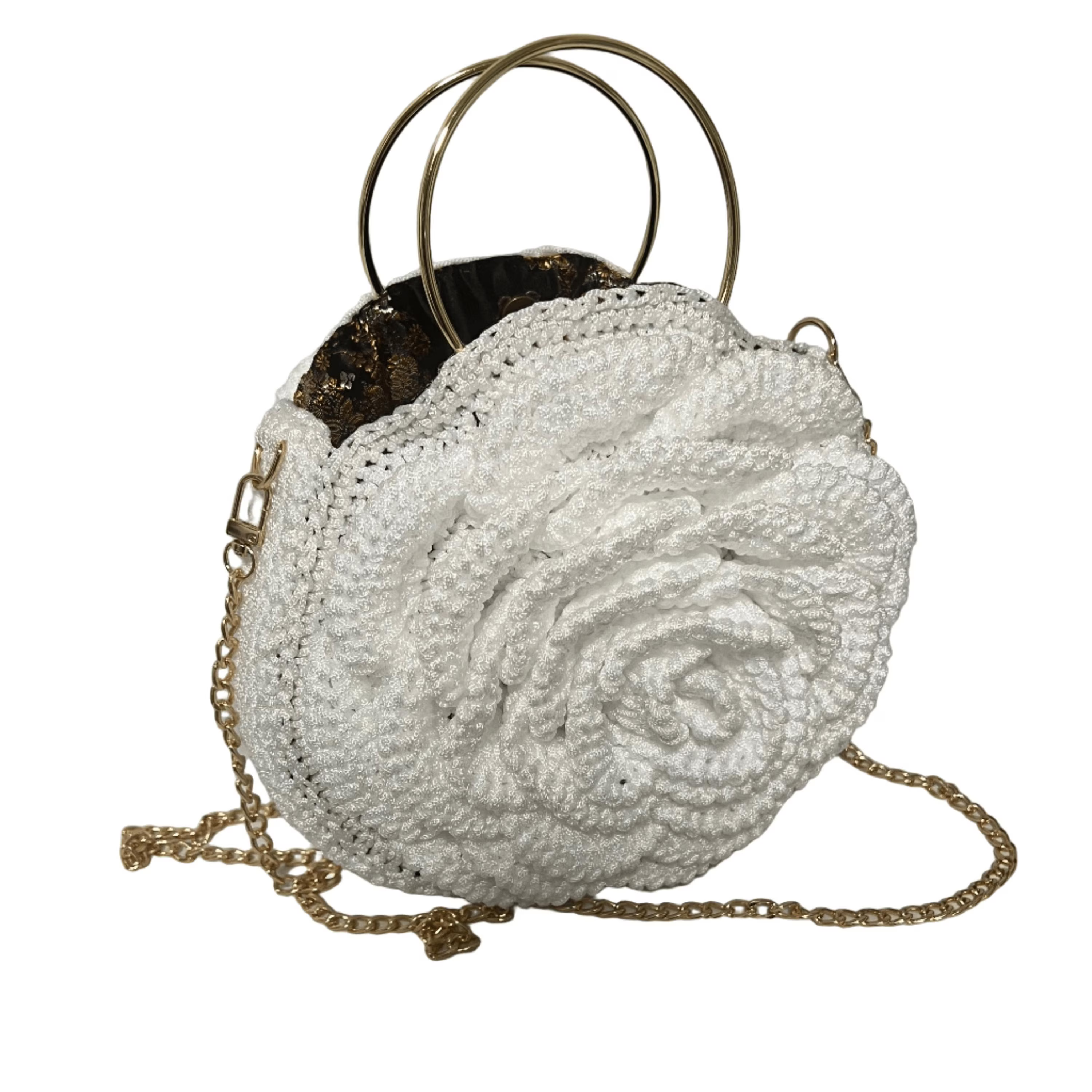 Elegant white purse crochet bag with a rose design and gold chain for stylish outings