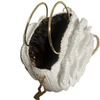 Elegant white purse crochet crossbody bag with gold ring handles and soft interior lining