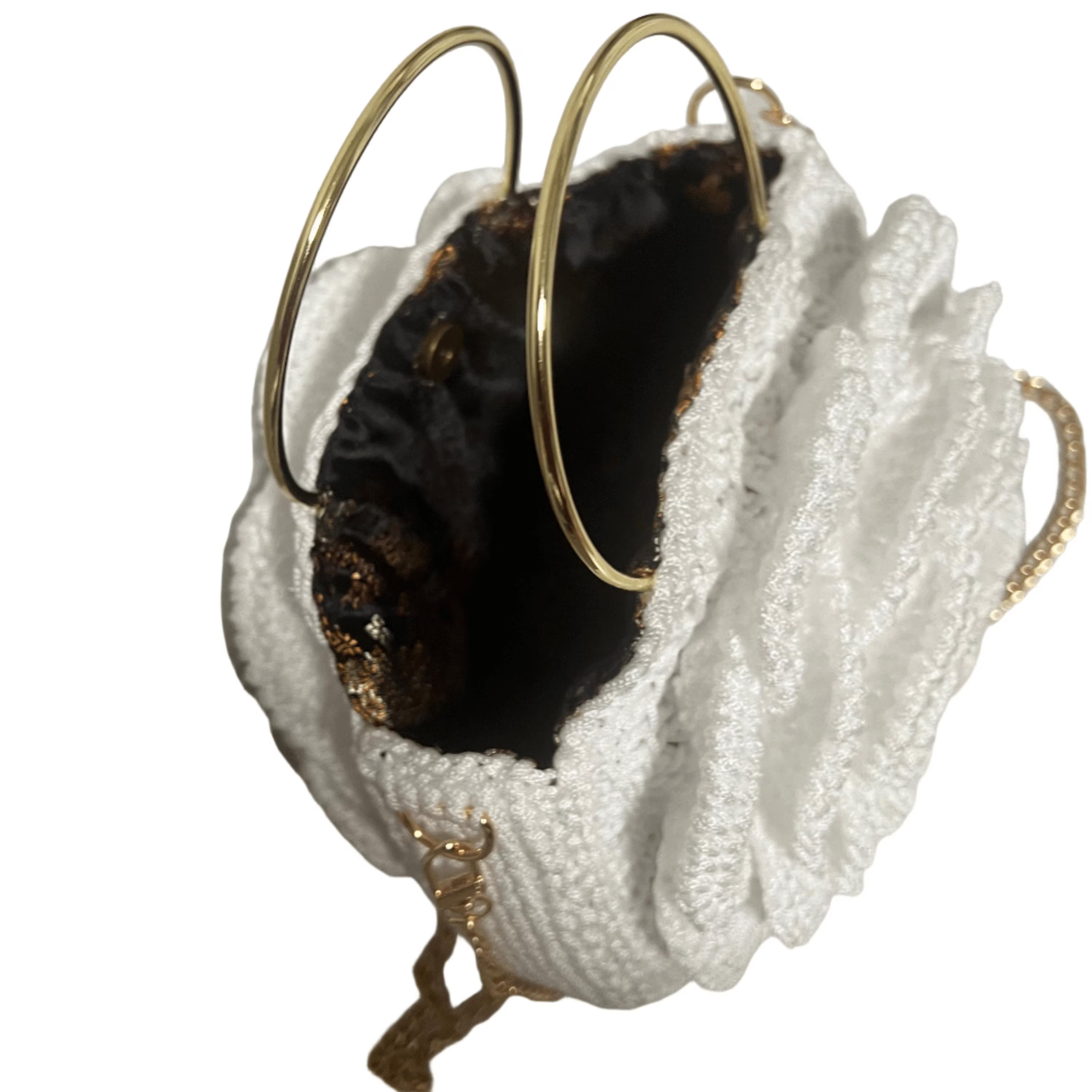 Elegant white purse crochet crossbody bag with gold ring handles and soft interior lining