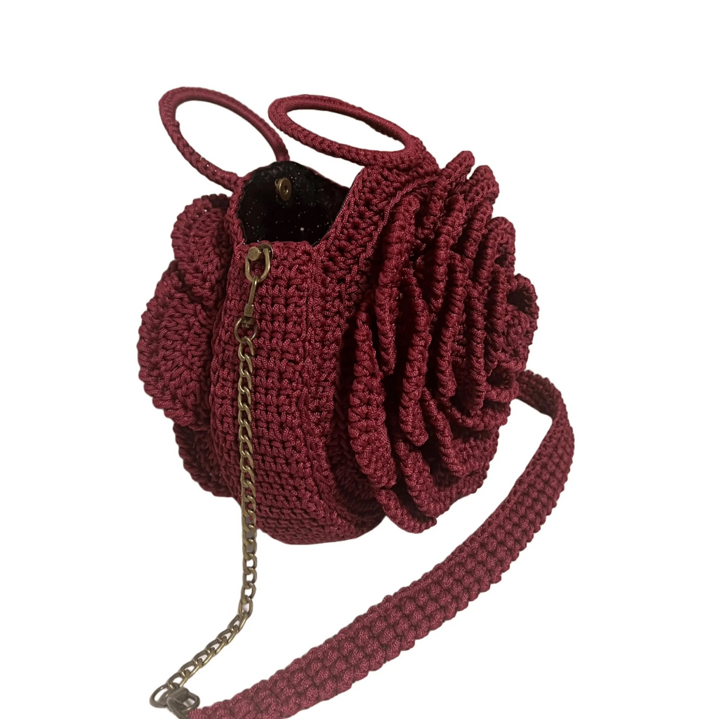 Maasai Rose Artisan Red Crochet Purse crossbody with rose detailing and chain accent by ThreadsByHannah
