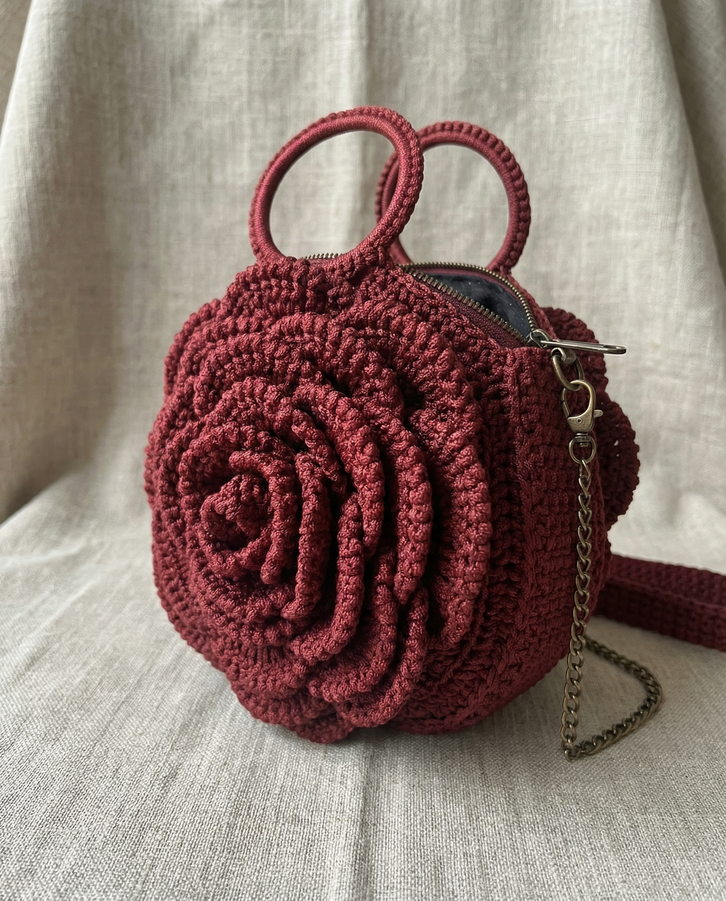 Maasai Rose Artisan Red Crochet Purse - Artisan Close-Up