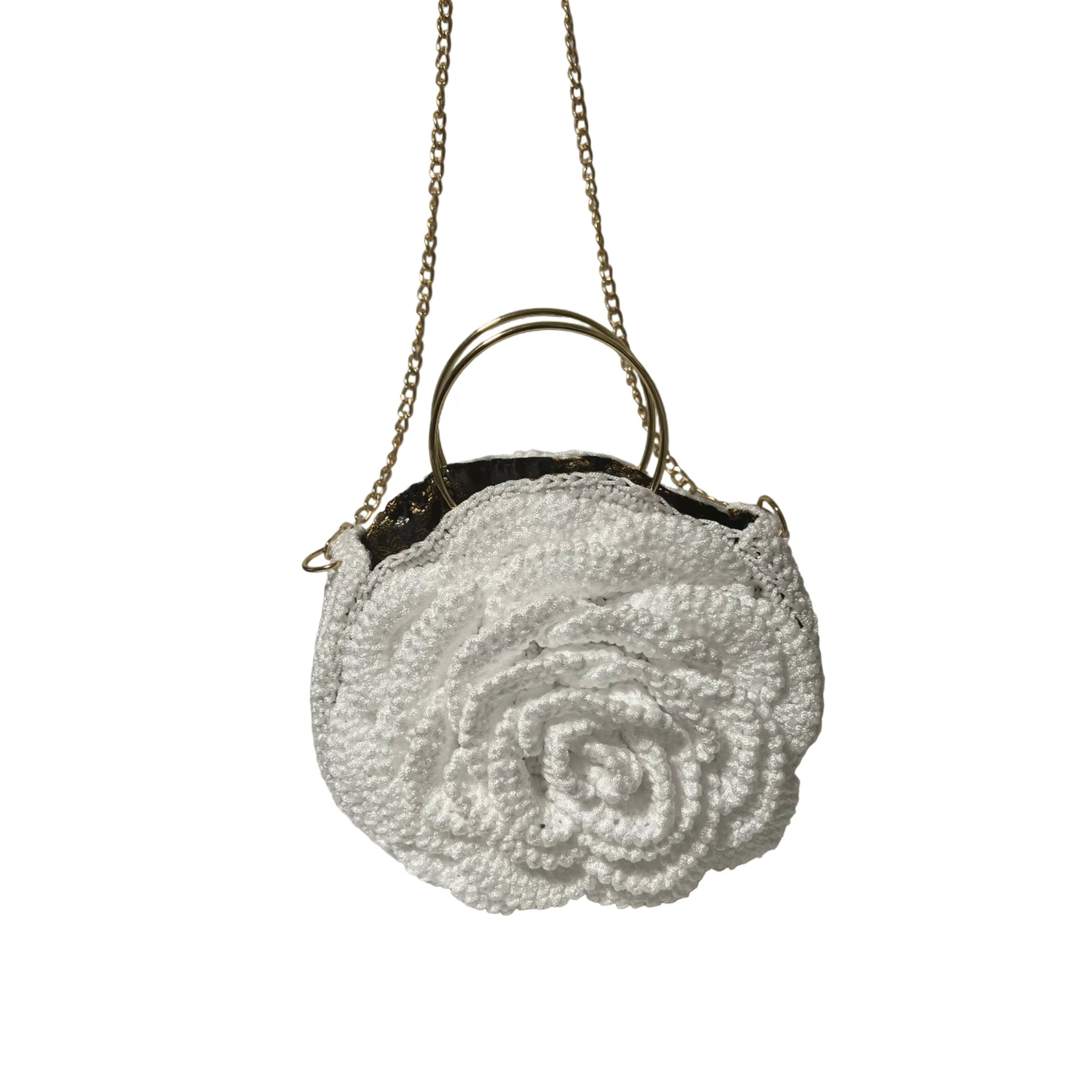 Elegant white purse crochet with floral design and gold chain for stylish outings