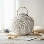 White crochet purse with rose design and gold chain strap from ThreadsByHannah