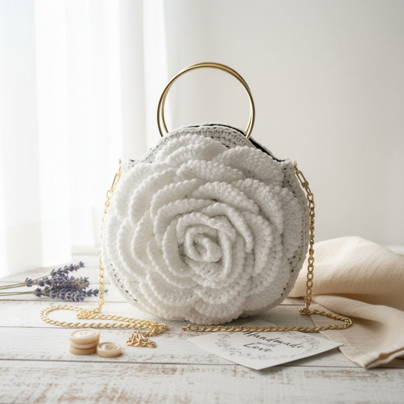 White crochet purse with rose design and gold chain strap from ThreadsByHannah