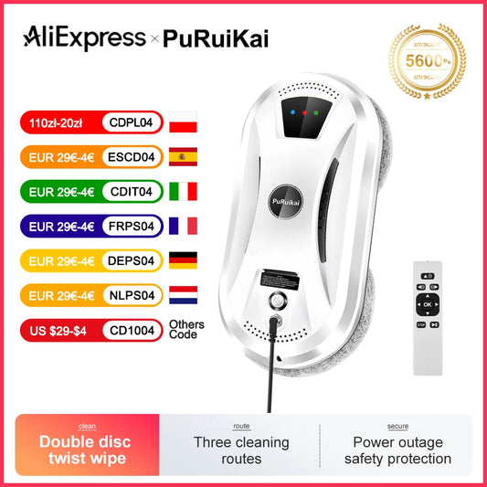 PuRuiKai Robot Window Cleaner for Home with remote control and double disc twist wipe feature