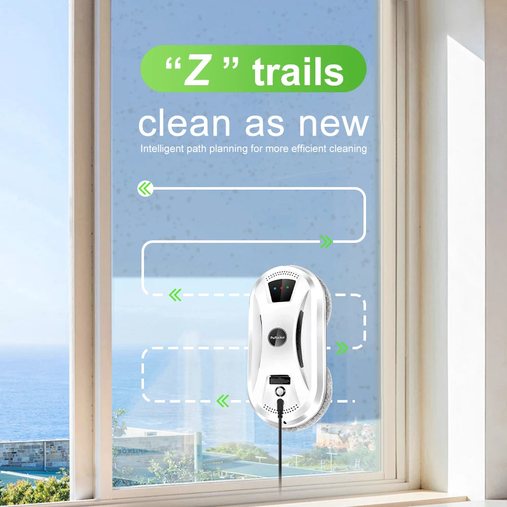 Robot window cleaner for home demonstrating Z cleaning trails for efficient window cleaning