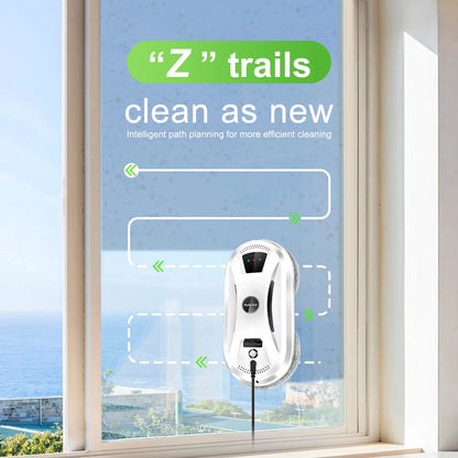 Robot window cleaner for home demonstrating Z cleaning trails for efficient window cleaning