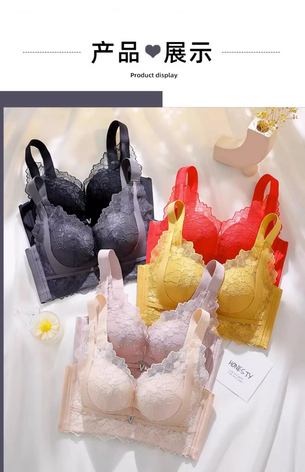 LuckeLadybug push up bra in red, black, yellow, and nude with floral lace design and adjustable straps