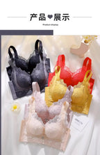 LuckeLadybug push up bra in red, black, yellow, and nude with floral lace design and adjustable straps