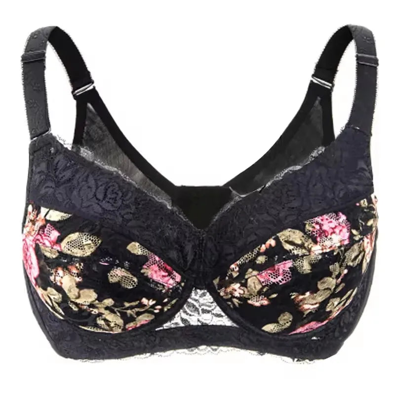 LuckeLadybug LLC Black Floral Underwire Push Up Bra with Lace Detailing and Adjustable Straps