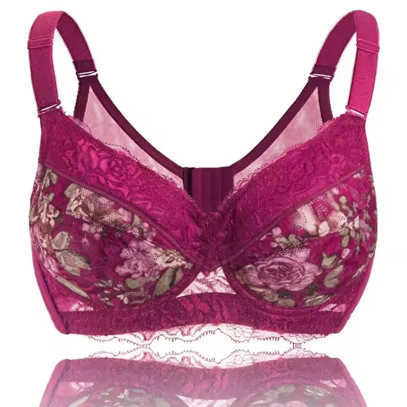 LuckeLadybug LLC Push Up Bra in Rich Burgundy with Floral Lace Detailing and Underwire Support