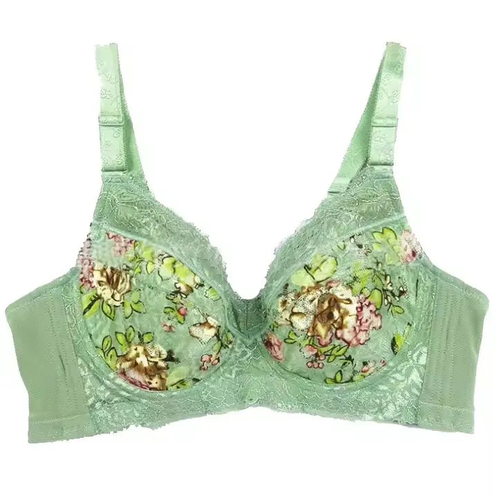 LuckeLadybug LLC Floral Underwire Push Up Bra in Soft Green with Lace Trim