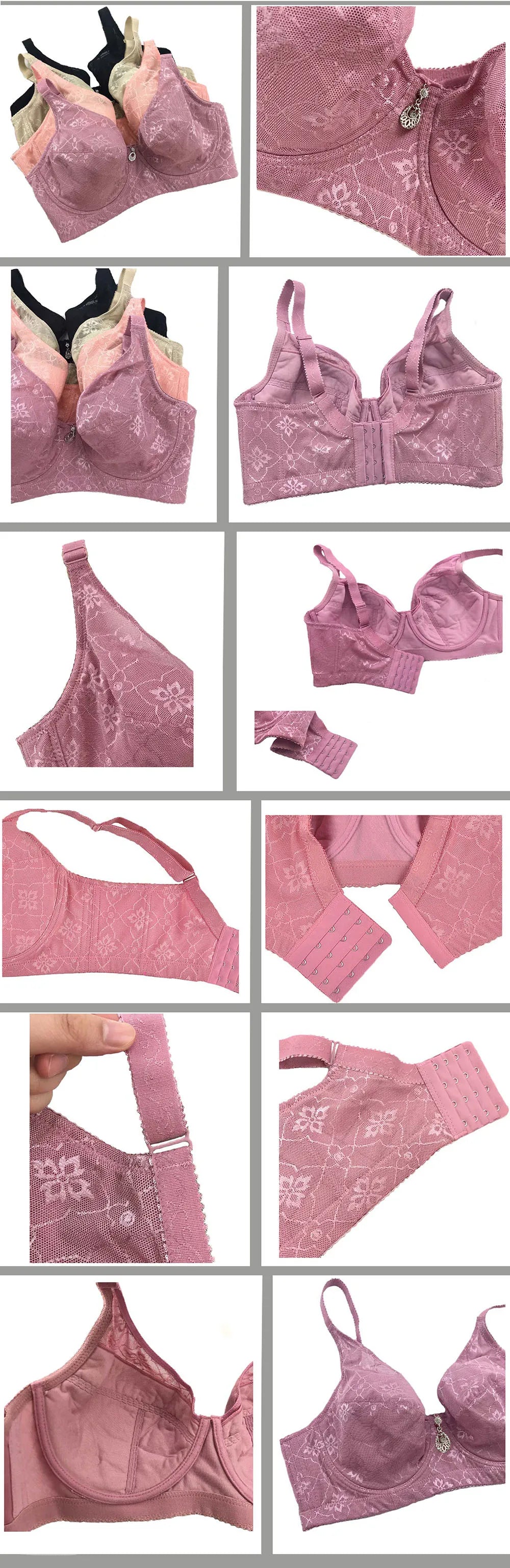 LuckeLadybug LLC Push Up Bra in various colors with lace details and adjustable straps