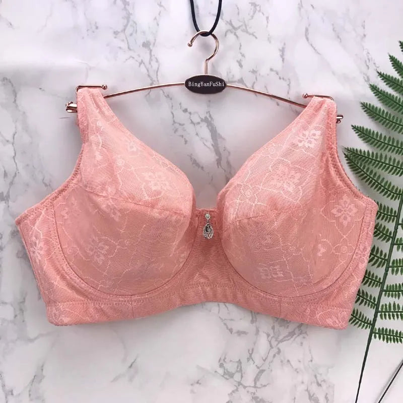 LuckeLadybug LLC Push Up Bra in Soft Pink with Elegant Lace Design and Center Gem Detail