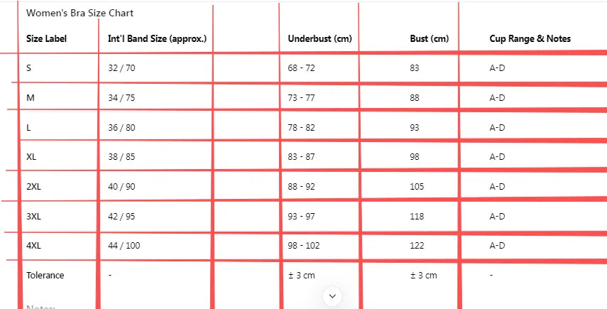 LuckeLadybug LLC Women's Bra Size Chart for Push Up Bra including band size and cup range