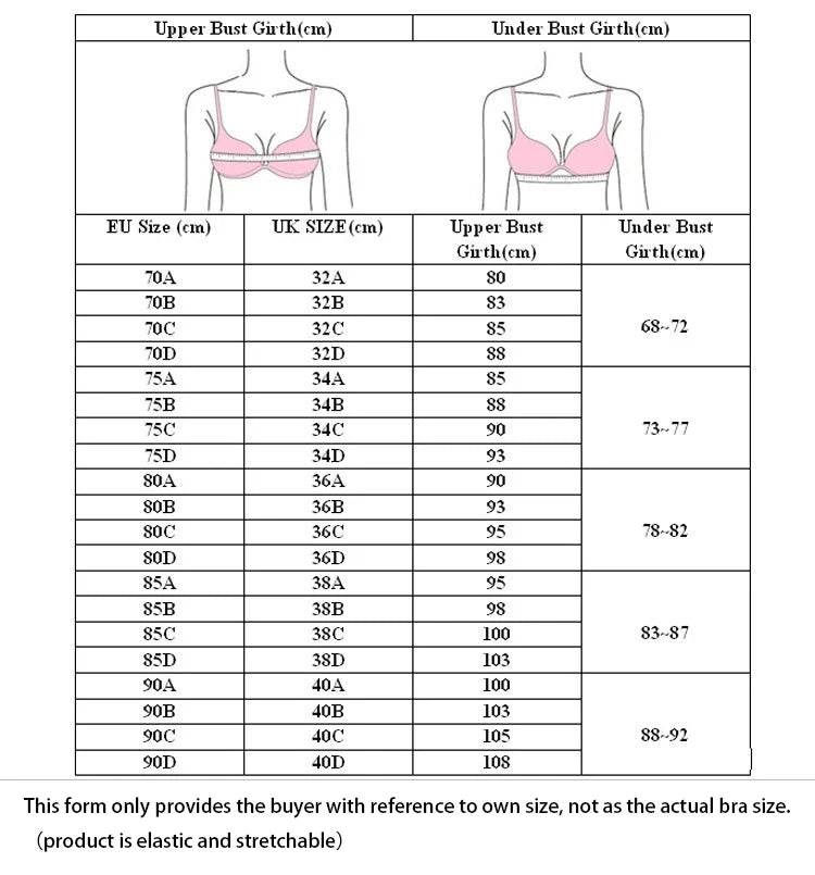 Size chart for LuckeLadybug LLC push up bra showing upper and under bust girth measurements