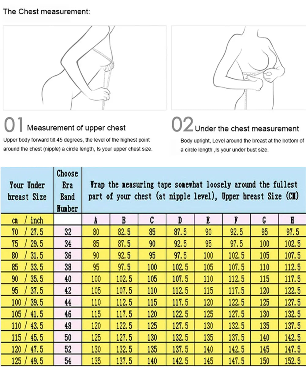 Measurement guide for LuckeLadybug push up bra showing upper and under chest measurements