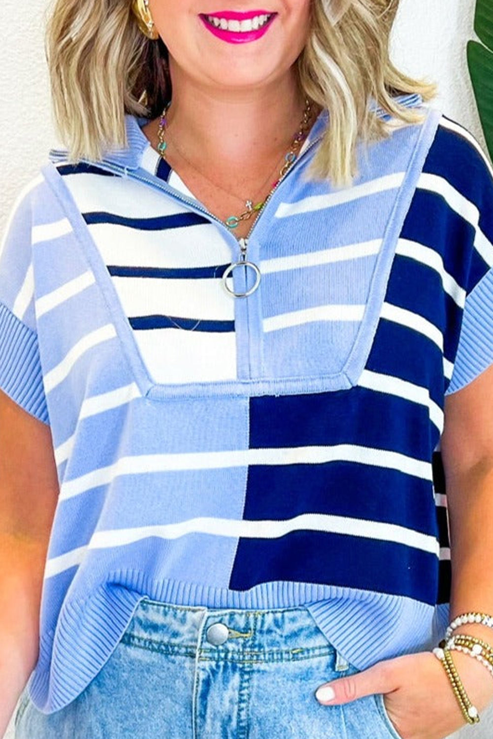 Stripe Colorblock Quarter Zip Collar Sweater Vest
