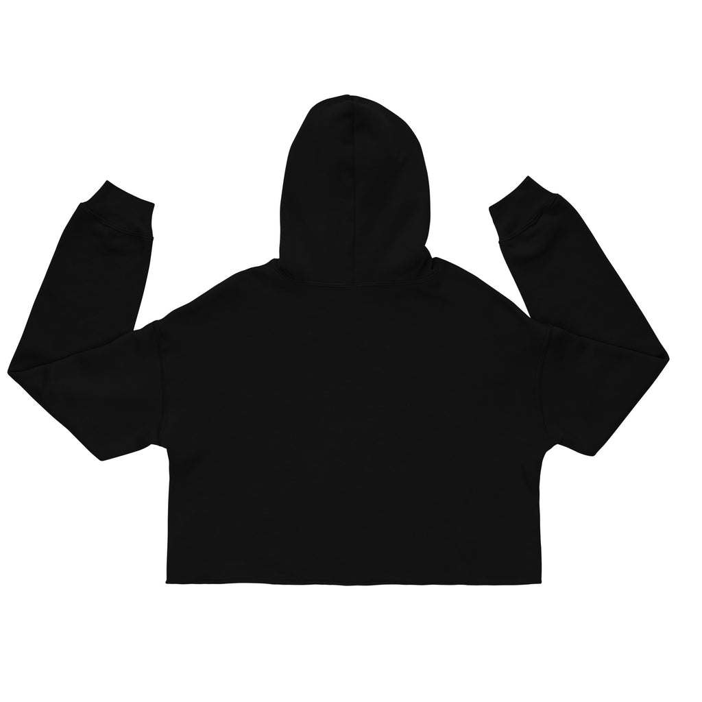 Black queen bee crop hoodie from LuckeLadybug with long sleeves and hood shown from back