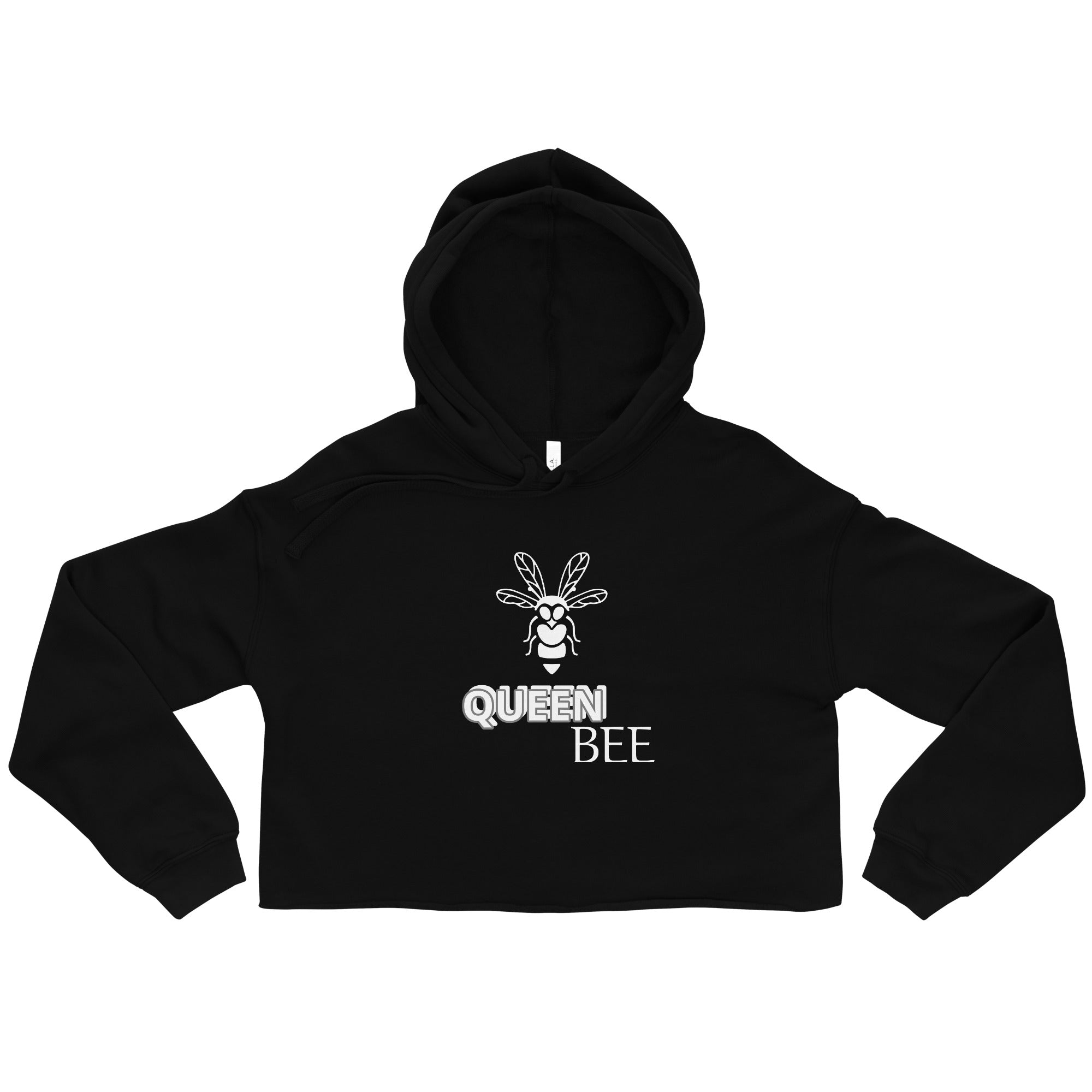 Black queen bee crop hoodie by LuckeLadybug with bee graphic and queen bee text design