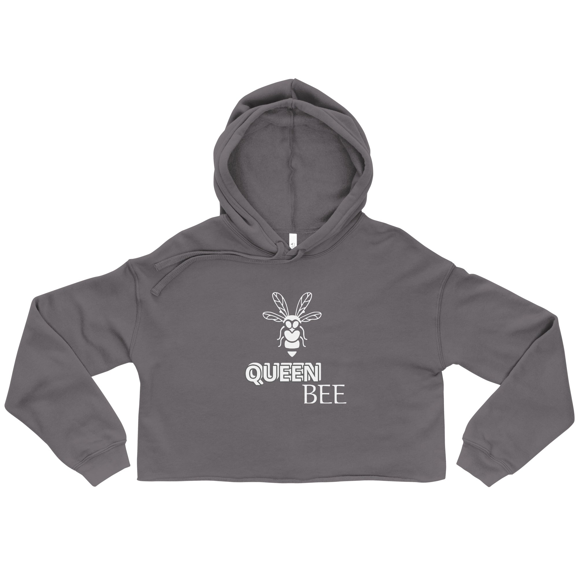 Gray queen bee crop hoodie from LuckeLadybug with white bee graphic and text design