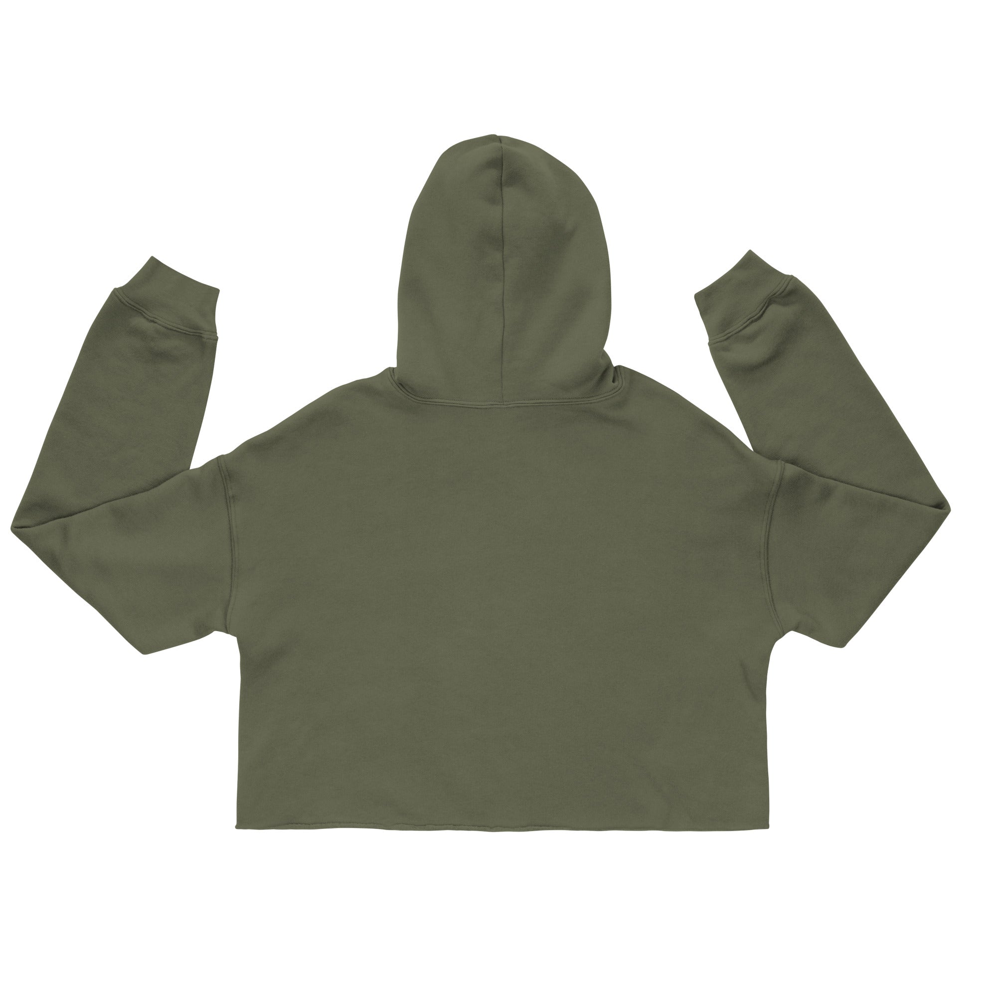 Back view of olive green queen bee crop hoodie from LuckeLadybug with long sleeves and hood