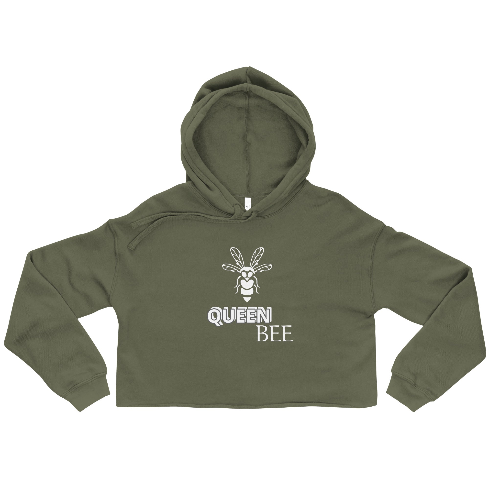 Olive green queen bee crop hoodie with white bee graphic and text by LuckeLadybug