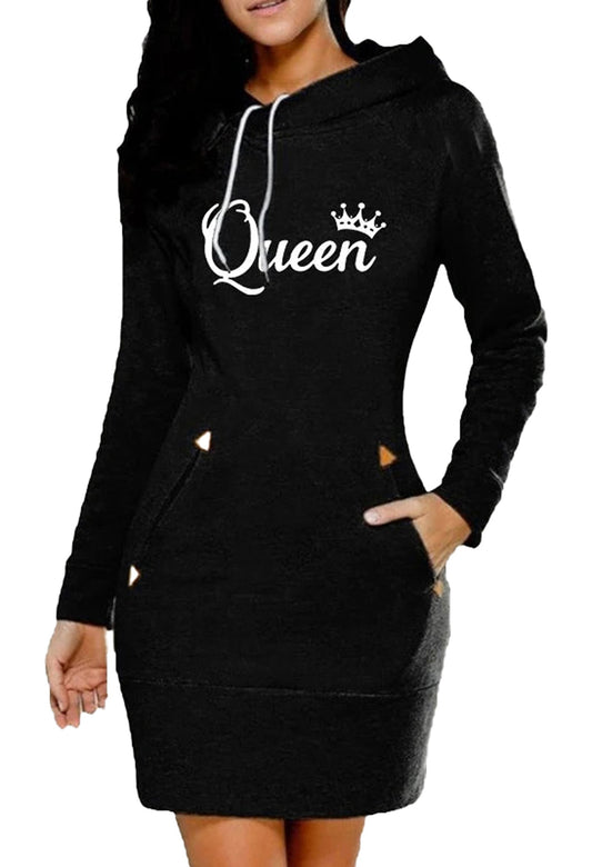 Fashionable black queen print hoodie dress for women with pockets and a comfortable fit